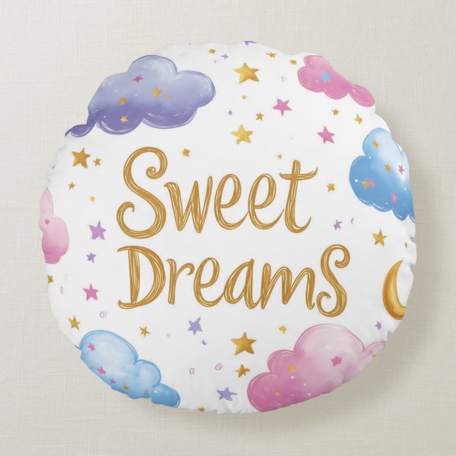 Söta drömmar - Cute Clouds and Stars Illustration Rund Kudde (Framsidan)