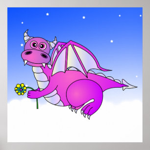 Söta drömmar - Cute Lila Dragon med blomma Poster