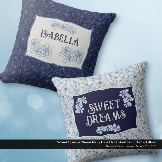 Söta Drömmar Namn Marinblå Blommig Estetik Kudde (Sweet Dreams Navy Blue Floral Aesthetic Throw Pillow–Personalized with Your Name)