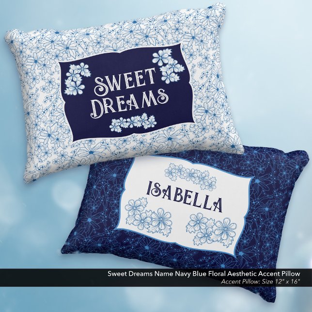 Söta Drömmar Namn Marinblå Blommig Estetik Prydnadskudde (Sweet Dreams Navy Blue Floral Aesthetic Accent Pillow–Personalized with Your name.)