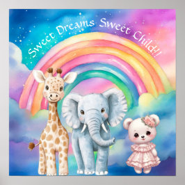 Söta Drömmar Regnbåge Elefant & Giraff Barnkammare Poster