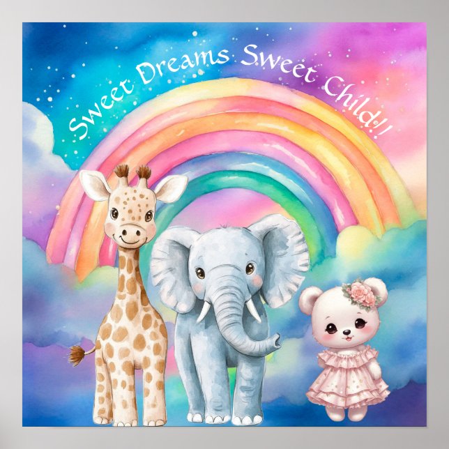 Söta Drömmar Regnbåge Elefant & Giraff Barnkammare Poster (Framsidan)