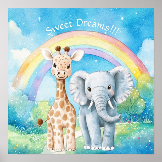 Söta Drömmar Regnbåge Elefant & Giraff Nurseriesko Poster (Framsidan)