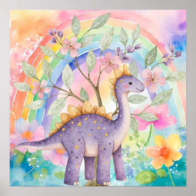 Söta Drömmar Regnbåge Lila Dinosaurier Soverum  Poster (Framsidan)