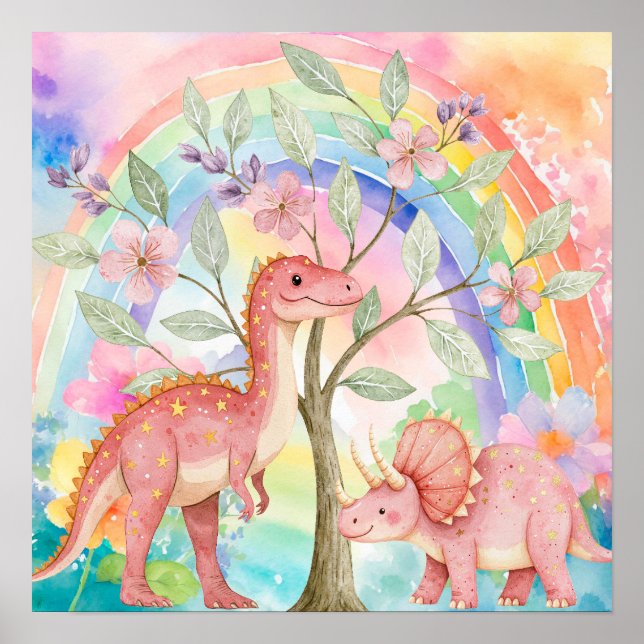 Söta Drömmar Regnbåge Rosa Dinosaurier Barnkammare Poster (Framsidan)