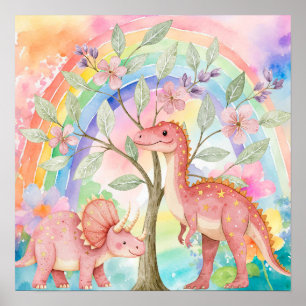 Söta Drömmar Regnbåge Rosa Dinosaurier Barnkammare Poster