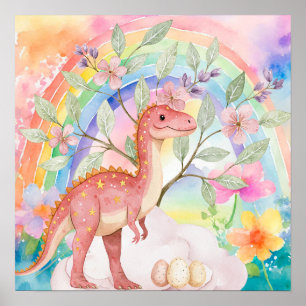 Söta Drömmar Regnbåge Rosa Dinosaurier Soverum Poster