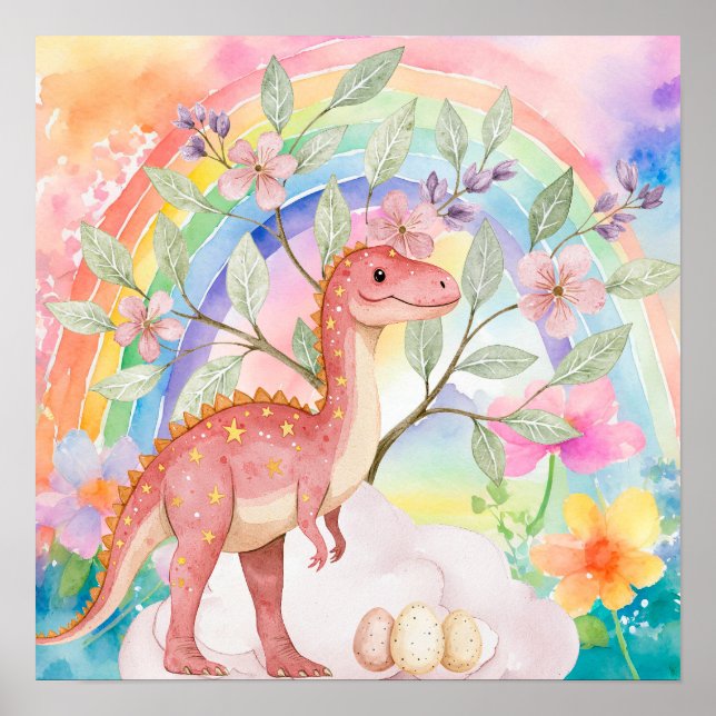 Söta Drömmar Regnbåge Rosa Dinosaurier Soverum  Poster (Framsidan)