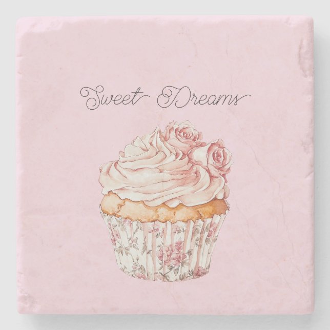Söta Drömmar Rosa Rosor Blommig Cupcake Stenunderlägg (Framsidan)