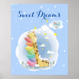 Söta drömmar sovande giraff med kaniner poster