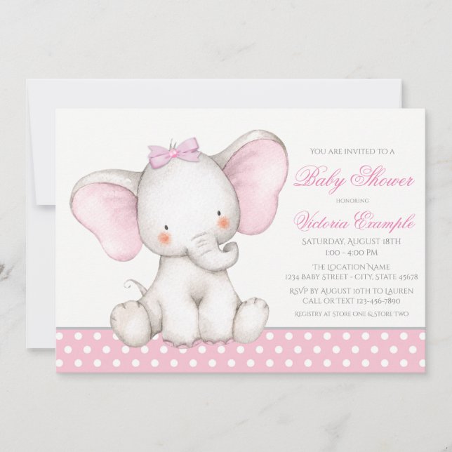 Söta Elefant Babyflicka Dop Invitationer Inbjudningar (Framsida)