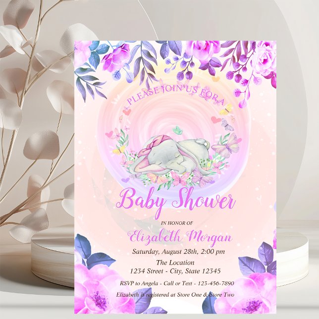Söta elefantbabyfjärilar Blommig Inbjudningar (Skapare uppladdad)