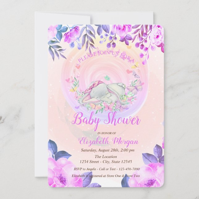 Söta elefantbabyfjärilar Blommig Inbjudningar (Framsida)