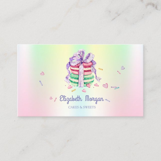 Söta Eleganta Macarons, Godis, Holografiska Visitkort (Framsida)