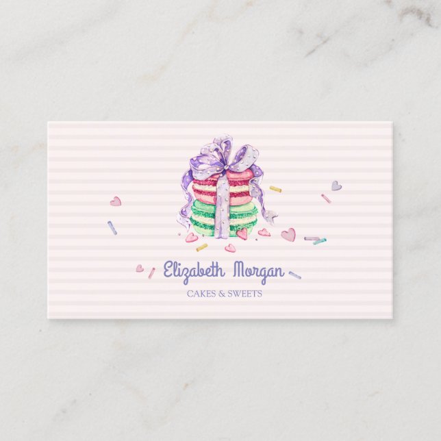 Söta Eleganta Macarons, Godis, Randiga Visitkort (Framsida)