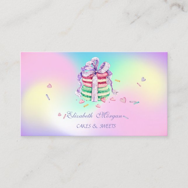 Söta Eleganta Macarons, Sötsaker Bageri Holografis Visitkort (Framsida)