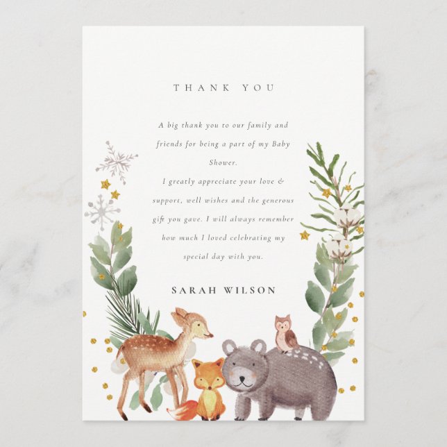Söta Eleganta Skogs Djur Bladig Baby Shower Tack Kort (Framsida)
