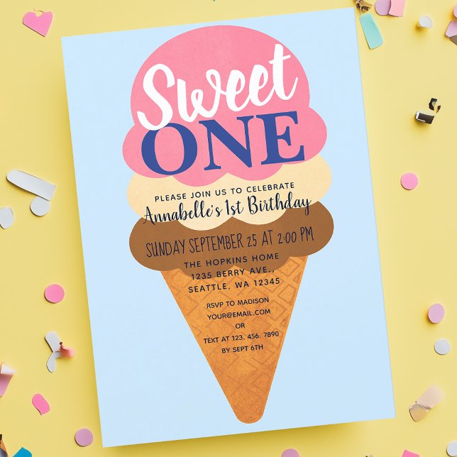 Söta en Cute Ice Cream Kids 1:a födelsedag Inbjudningar (Skapare uppladdad)