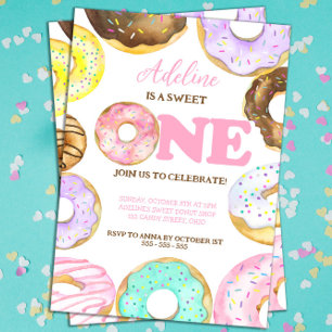 Söta en donuts 1:a födelsedag Flicka Vattenfärg Inbjudningar