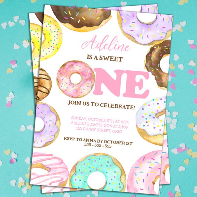 Söta en donuts 1:a födelsedag Flicka Vattenfärg Inbjudningar (Sweet One Donut 1st Birthday Invitation for Girls)