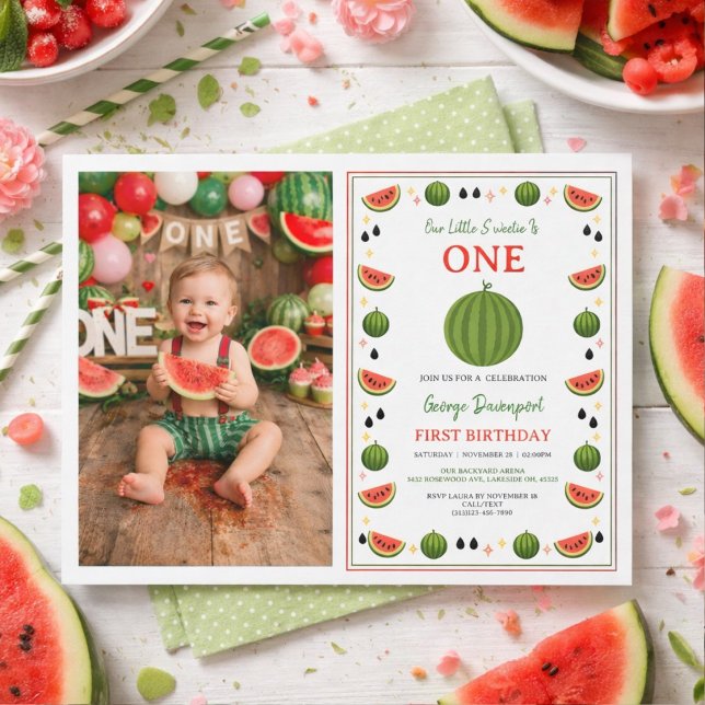 Söta en i en vattenmelon-födelsedagsfest för 1-års inbjudningar (Sweet One in a Melon Watermelon 1st Birthday Party Invitation
)