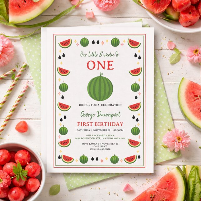 Söta en i en vattenmelon-födelsedagsfest vid 1-års inbjudningar (Sweet One in a Melon Watermelon 1st Birthday Party Invitation
)