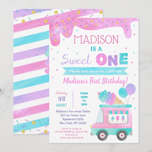 Söta en iskräm - första födelsedagsinbjudan inbjudningar (Fram/baksida)
