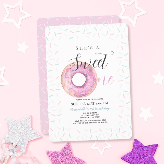 Söta en Rosa Donut Girl 1:a födelsedagen Inbjudningar (Skapare uppladdad)