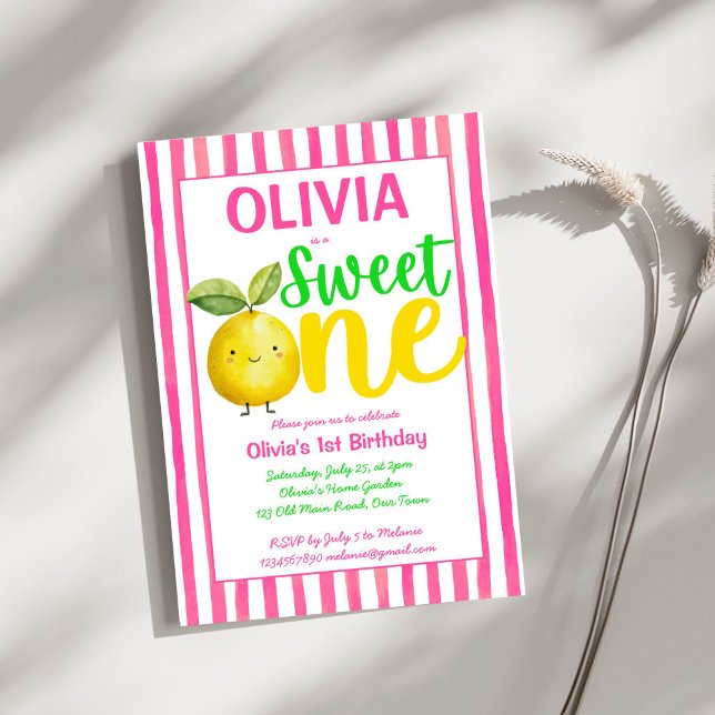 Söta en rosa lemonad födelsedagsfest inbjudningar (Sweet one pink lemonade cute summer girls birthday party invitation template instant download)