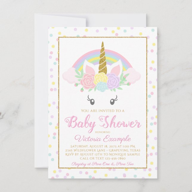 Söta Enhörning Regnbåge Babyflicka Shower Inbjudni Inbjudningar (Framsida)