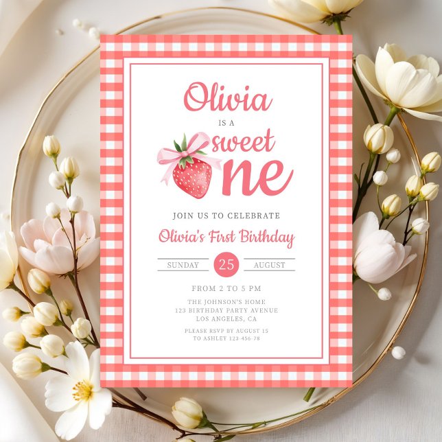 Söta Ett Strawberry 1-årsdag Inbjudningar (Sweet One Strawberry 1st Birthday Invitation)