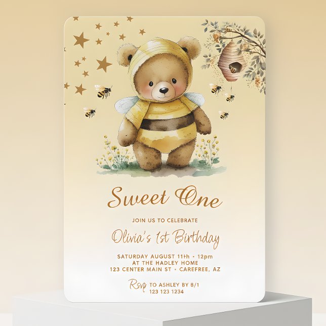 Söta ettåring Honey Bear Flicka 1-årsdag Inbjudningar (Skapare uppladdad)