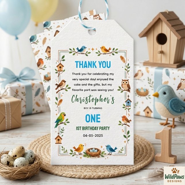 Söta Fåglar 1-års Födelsedag – Rolig Barnkalas Presentetikett (Cute Birds 1st Birthday – Fun Kids Party Gift Tags
)