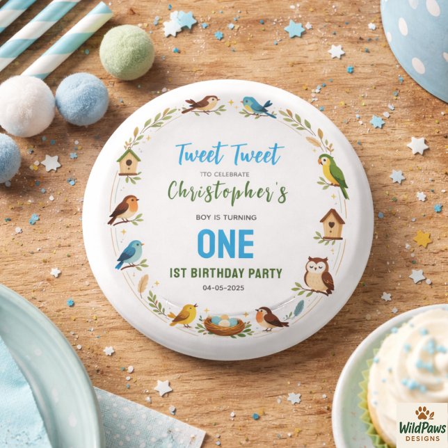 Söta Fåglar 1-års Födelsedagsfest – Roliga Barn  Knapp (Cute Birds 1st Birthday Party – Fun Kids Button
)
