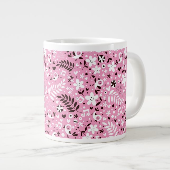 Söta fåglar och blommor rosa mönster jumbo mugg (Framsida höger)