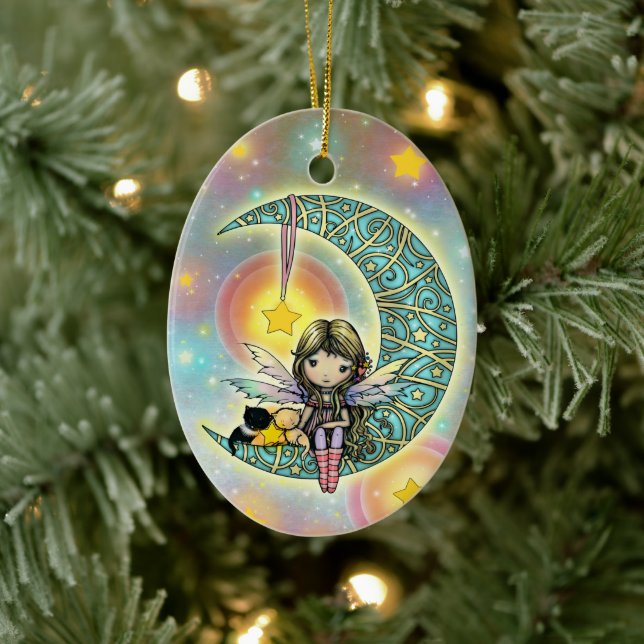 Söta Fairy och Kattunge på Måne Julgransprydnad Keramik (Träd)