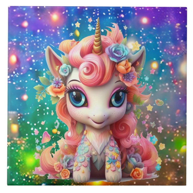 Söta fantasi Unicorn-flickor Kakelplatta (Framsidan)