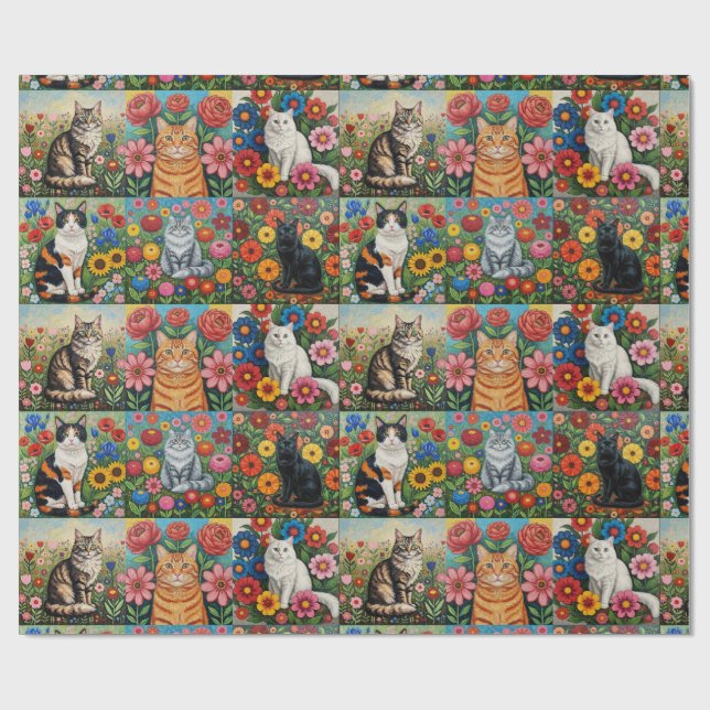 Söta fantastiska katter och folkliga konstblommor presentpapper (Platt)