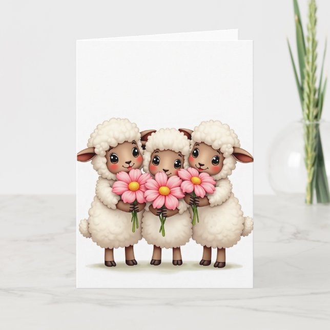 Söta Får Blommor Vänkort Kort (Framsida)