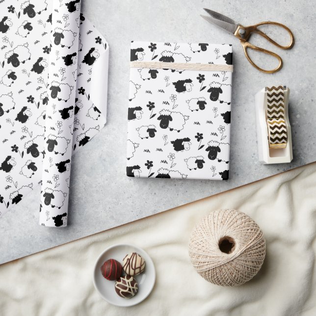 Söta Får Illustration Svart Och Vit Presentpapper (Hantverk)