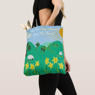 Söta får med träd backe blå himmel daffodils tygkasse