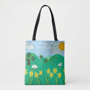 Söta får med träd backe blå himmel daffodils tygkasse