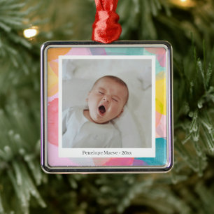 Söta färgglada akvarellcirklar prickar babyfoto julgransprydnad metall