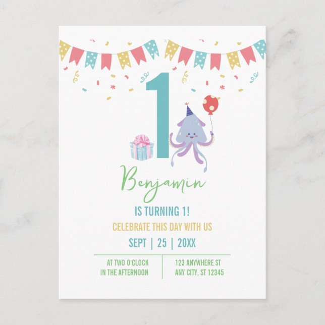 Söta färgglada bläckfiskballongbanners 1-årsdag vykort (Framsida)