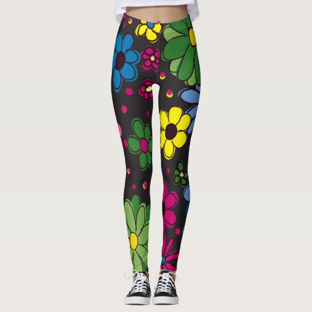 Söta färgglada blommor på svart leggings (Framsida)