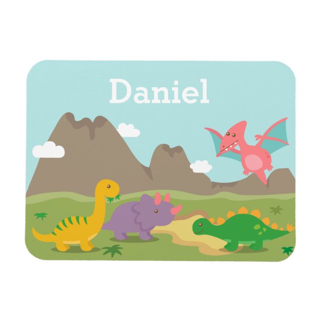Söta färgglada dinosaurier för små barn magnet (Horisontell)