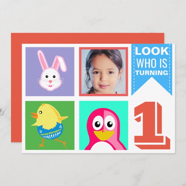 Söta Färgglada Djur Första Födelsedagsfest Inbjudningar (Fram/baksida)