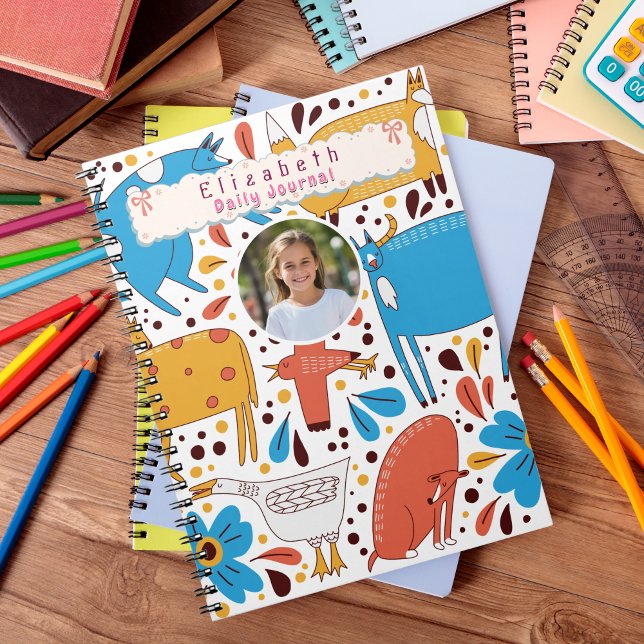 Söta färgglada handritade djur Anpassat namn Foto Anteckningsbok (Cute Animal back to school custom notebook)