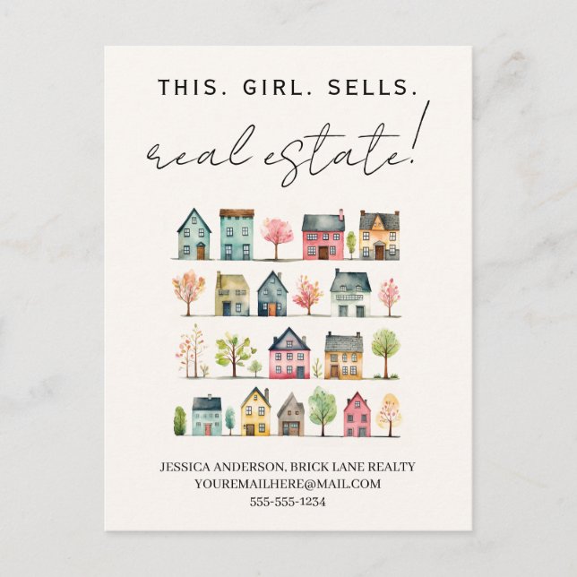 Söta färgglada hus Den här tjejen säljer fastighet Vykort (Framsida)