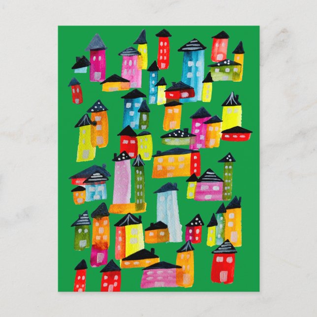 Söta färgglada hus i akvarellkonst vykort (Framsida)